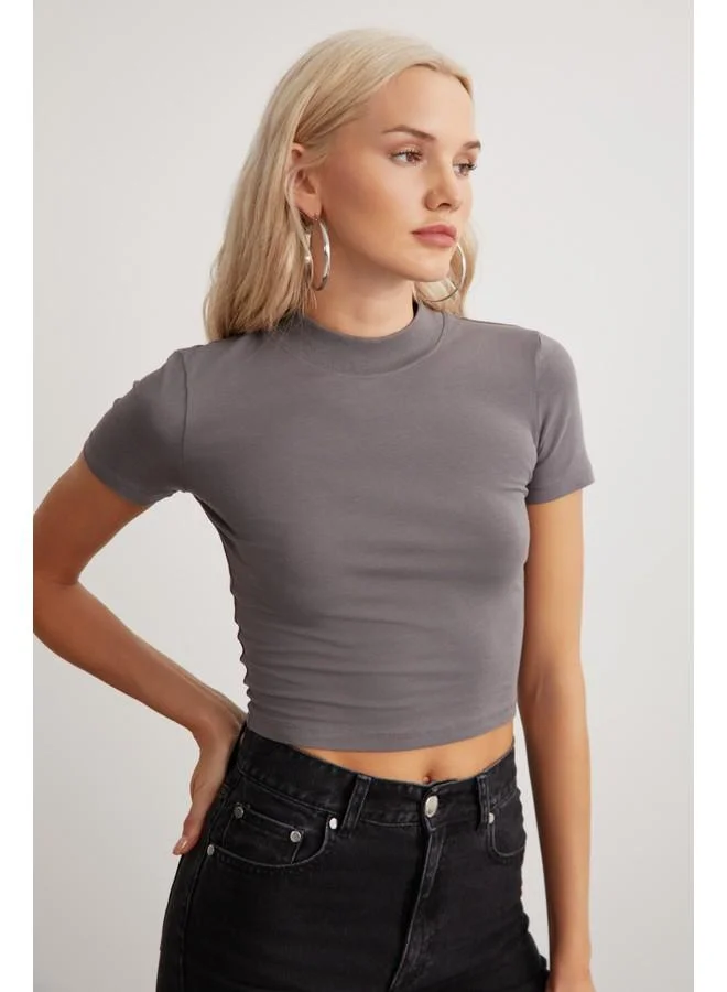 GRIMELANGE Grimelange Niara Women's Cotton Elastane Crew Neck Short Sleeve Slim Fit Crop Grey T-Shirt